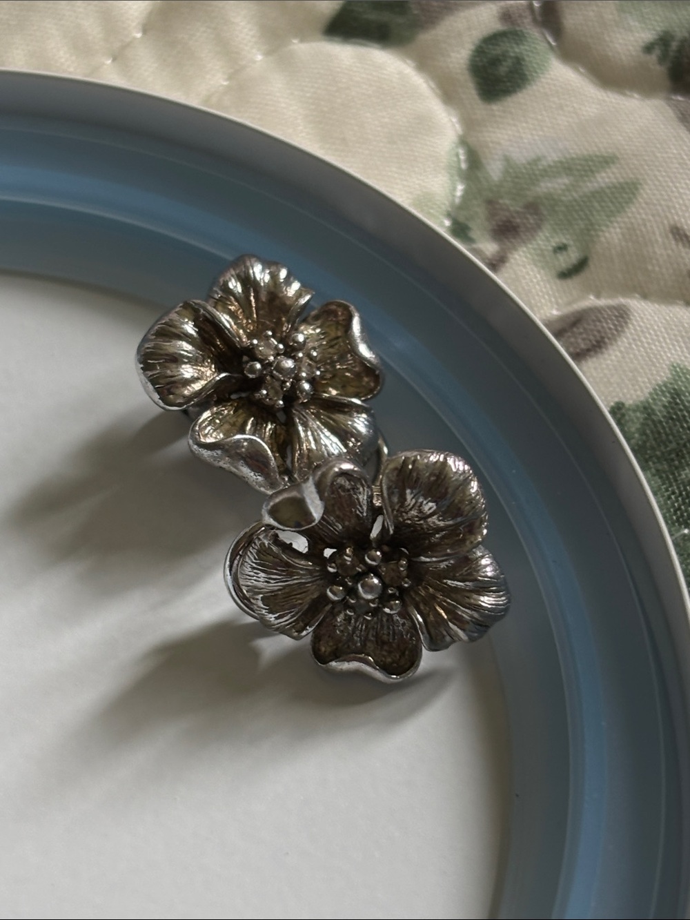 Clip On Silver Floral Crystal Center Stud Earrings